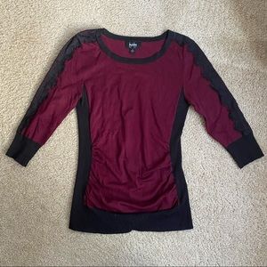 Black & Maroon by&by Ruched Half Sleeve Lace Sleeve Detail Sweater